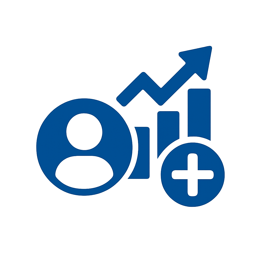 A dark blue icon showing a person silhouette next to a bar chart with an upward arrow and a plus sign in a circle.