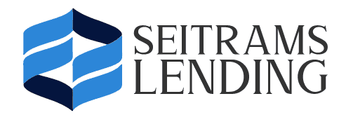 Logo for Seitrams Lending featuring a blue, abstract geometric icon next to the company name in black text.