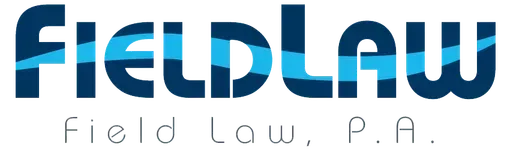A blue and white logo for field law p.a.