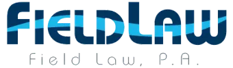A blue and white logo for field law p.a.