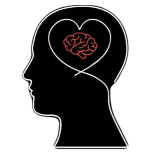 Black head silhouette with a red brain inside a white heart outline on a black background