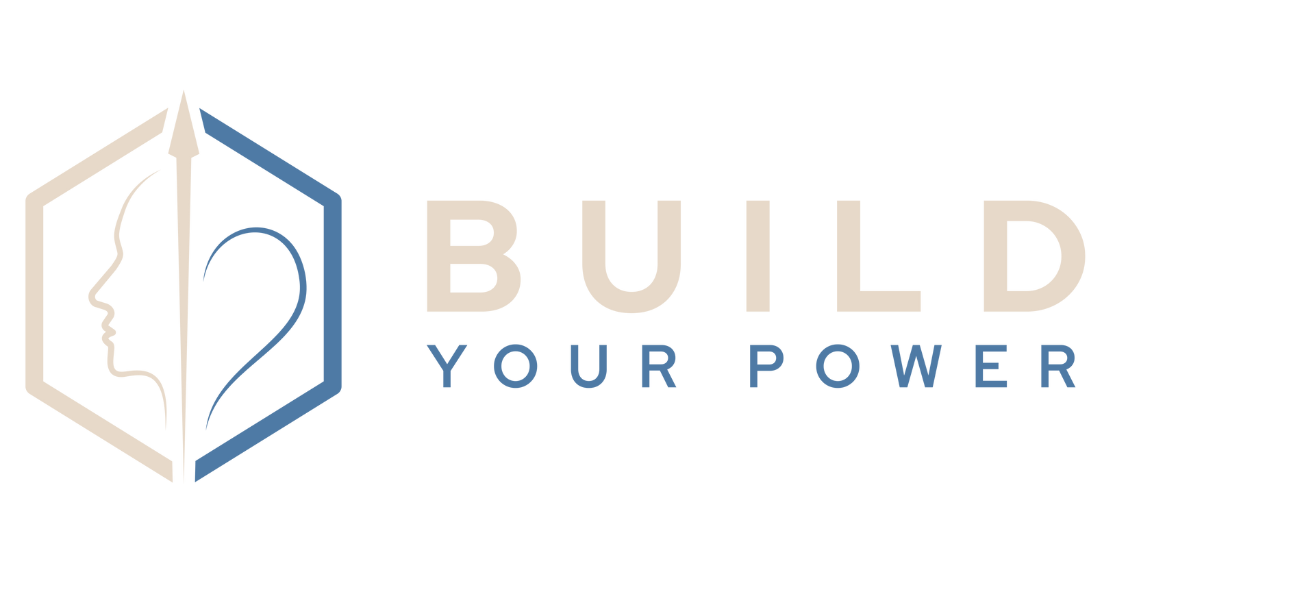 Build Your Power logo with beige and blue geometric hexagon and silhouette icon