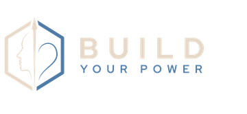 Build Your Power logo with beige and blue geometric hexagon and silhouette icon