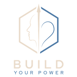 Logo with beige and blue hexagon profile icon above the text “BUILD YOUR POWER”