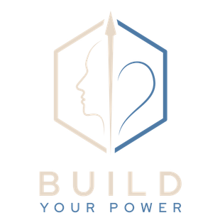 Logo with beige and blue hexagon profile icon above the text “BUILD YOUR POWER”