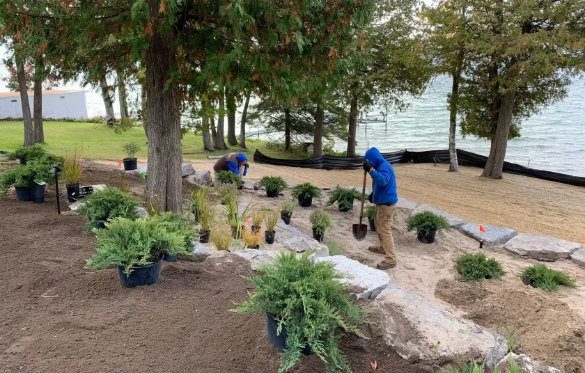 A man is planting plants in a garden next to a body of water.