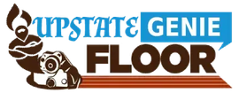 Logo for Upstate Genie Floor: text, image of a genie’s lamp, brown, blue, orange.