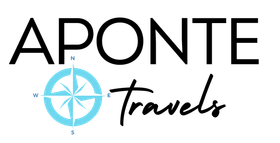 APONTE Travels logo with black text and a blue compass icon on a white background