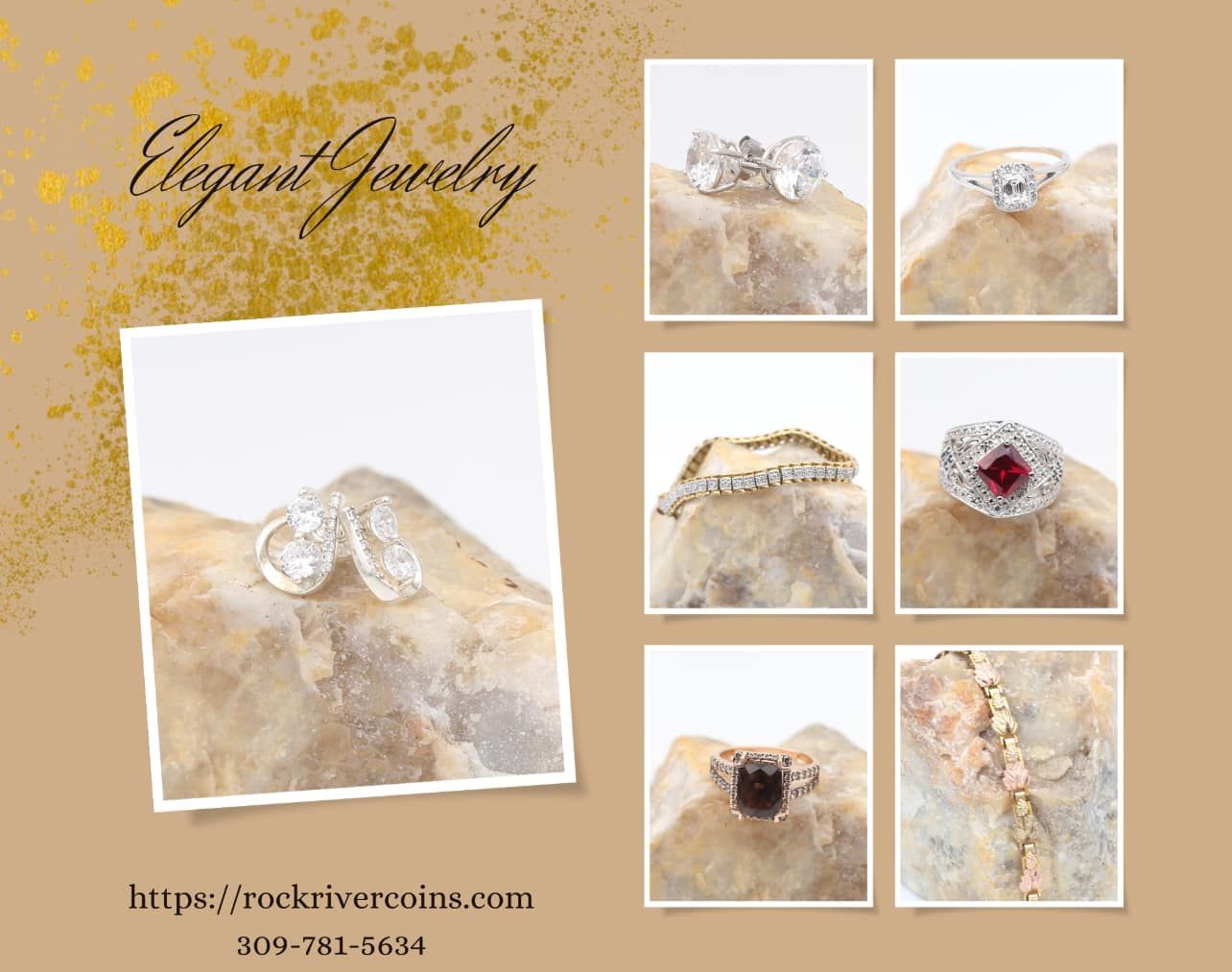 Elegant jewelry collage of rings on beige and white backgrounds, with “Elegant Jewelry” text and website URL