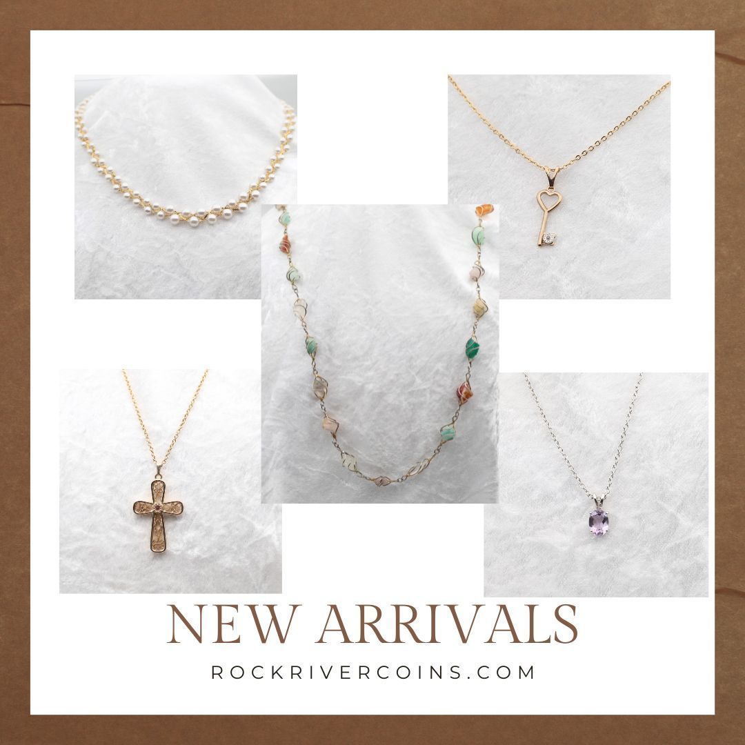Jewelry ad featuring gold and gemstone necklaces on a white background, labeled “NEW ARRIVALS”