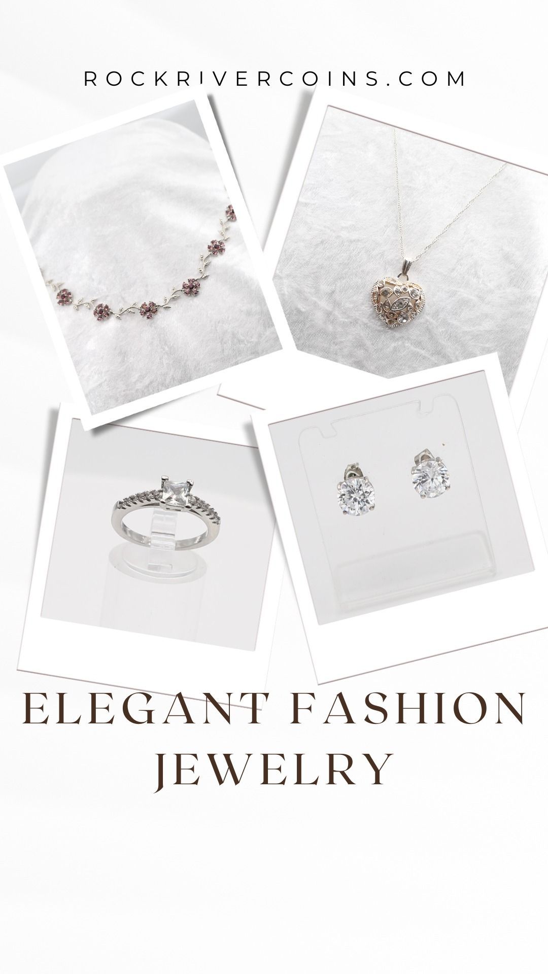 Elegant fashion jewelry ad with necklace, ring, bracelet, earrings, and “DOKIRVACCINIS.COM” text