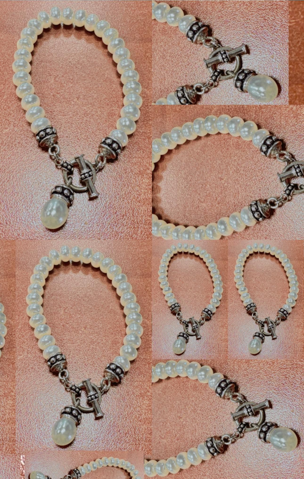 Collage of beaded jewelry: a necklace, bracelet, and earrings with silver charms and pearl accents.