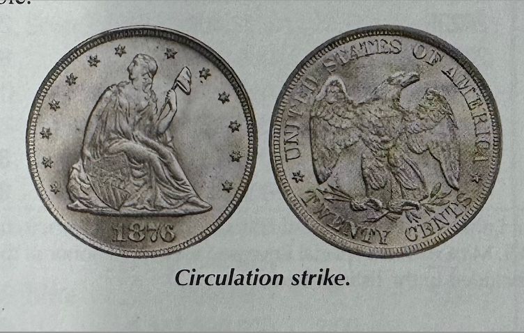 Two sides of a 1876 US Liberty Seated dime, labeled “Circulation strike.”