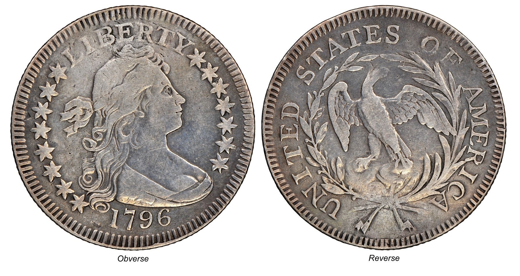 Two sides of a worn silver coin with a profile portrait and eagle, dated 1796