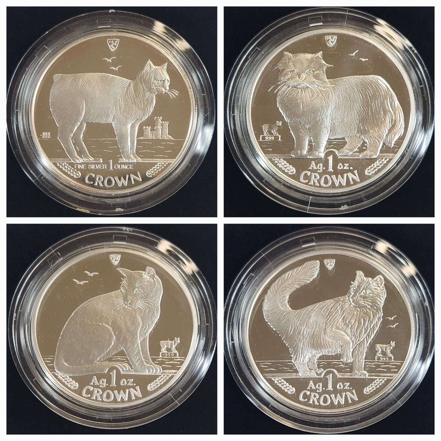 Four silver crown coins shown in a 2x2 grid, each featuring a different animal design.