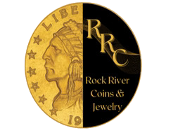 Rock River Coins & Jewelry logo with gold coin-style profile and black-gold background