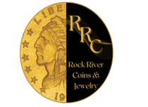 Rock River Coins & Jewelry logo with gold coin-style profile and black-gold background