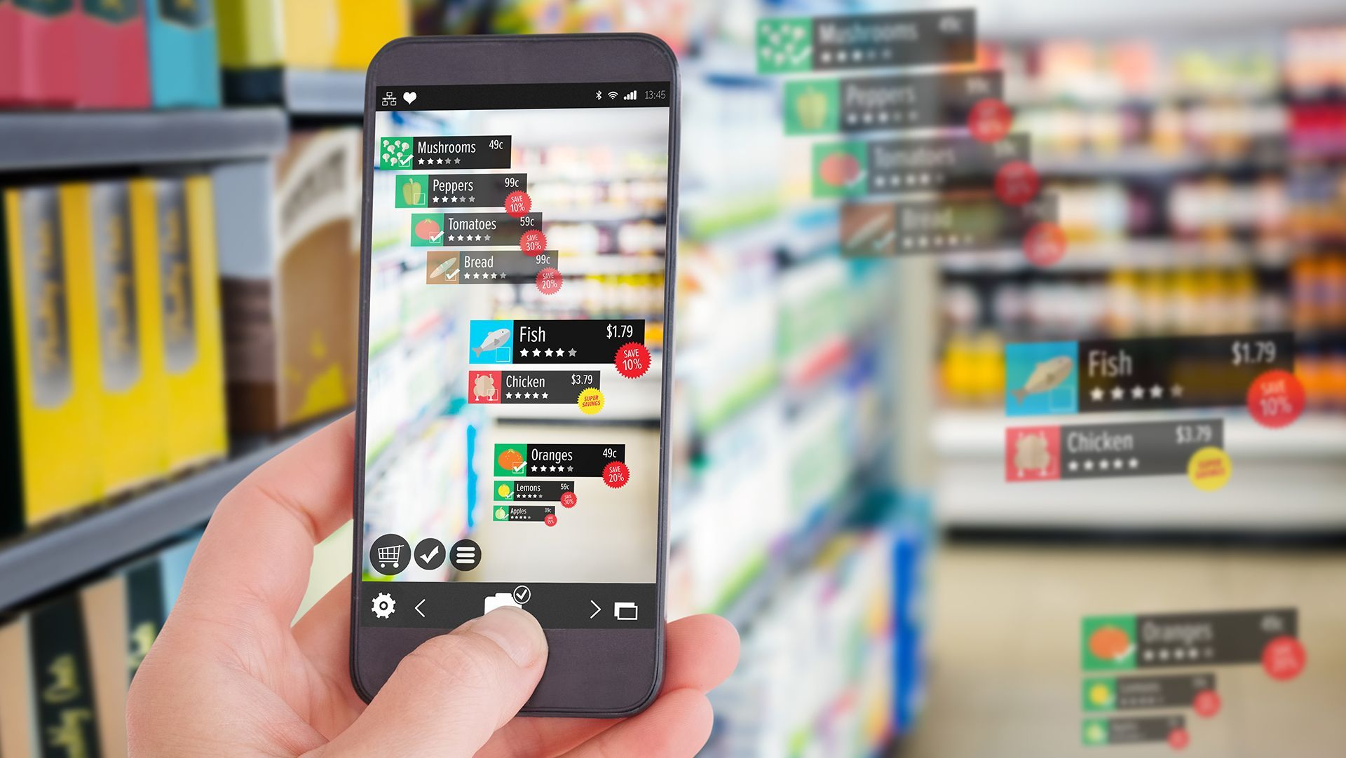 Hand holding smartphone scanning product shelves in a grocery store, with digital price tags overlayed
