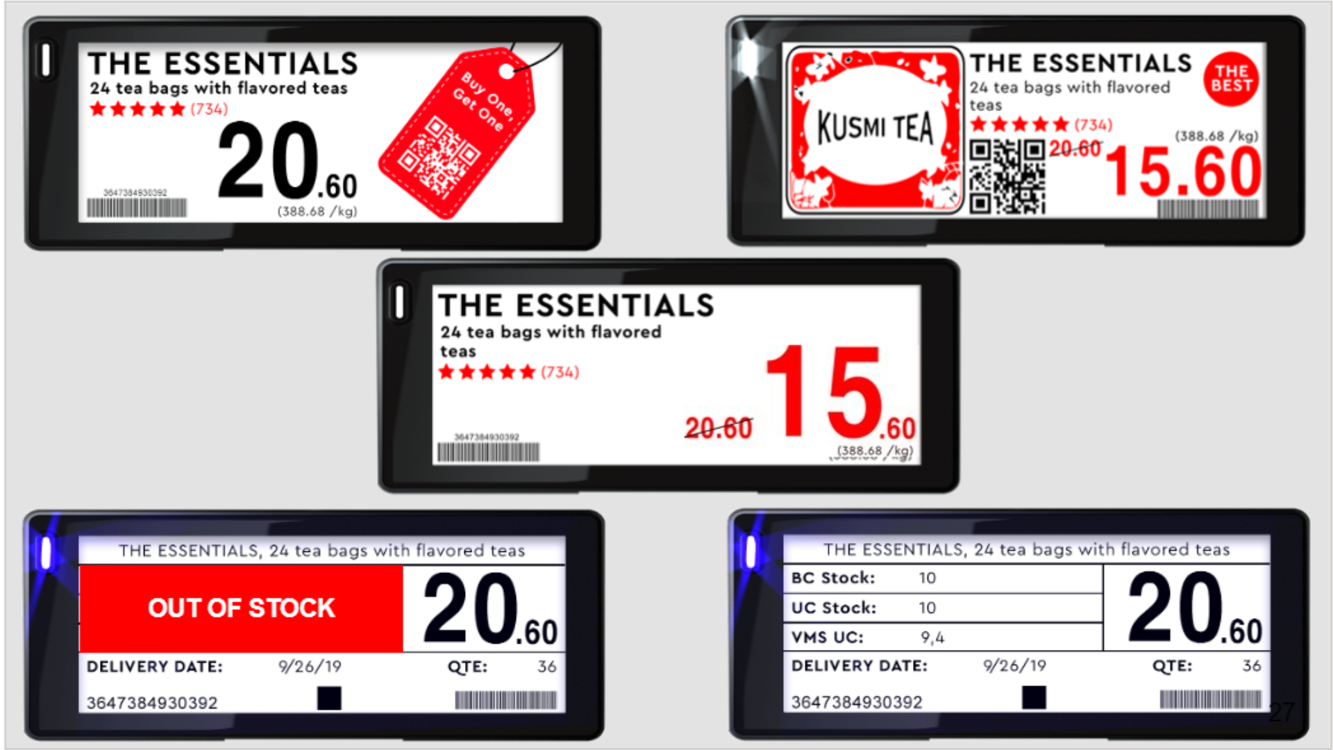 Assorted retail shelf price tags, including red sale labels, black-and-white labels, and an out-of-stock tag.