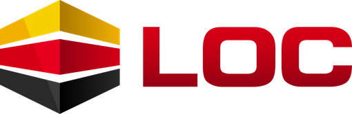 Logo with geometric hexagon icon in yellow, red, white, and black beside red “LOC” text