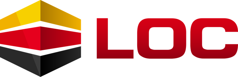 Logo with geometric hexagon icon in yellow, red, white, and black beside red “LOC” text