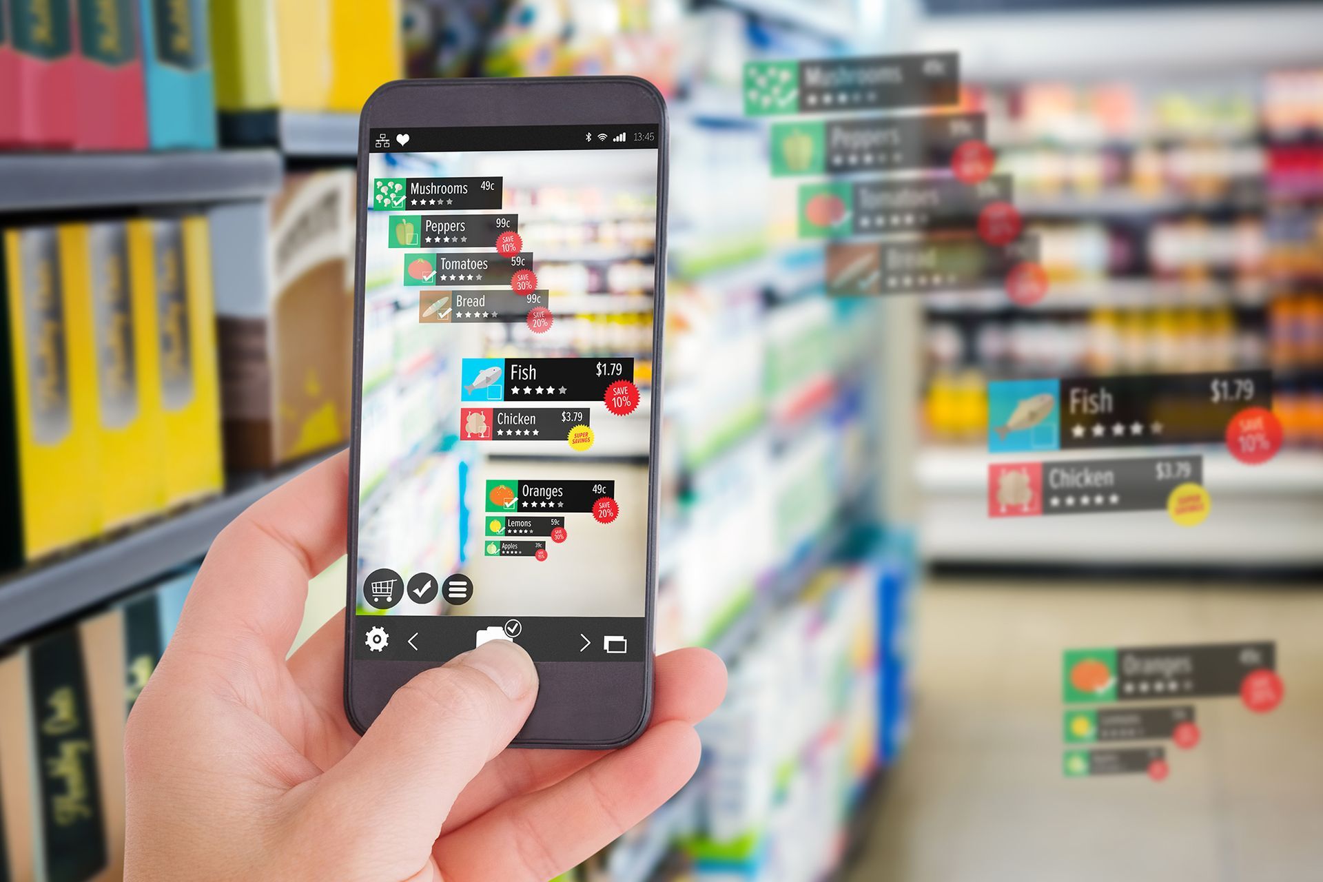 Hand holding smartphone with shopping app scanning store shelves in a grocery aisle