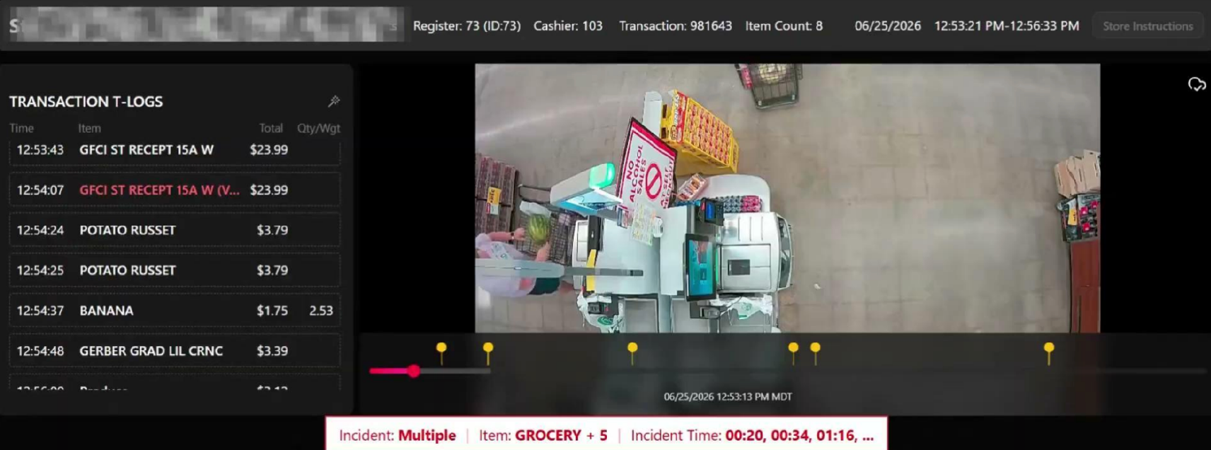 Panoptyc incident review screen showing a self-checkout transaction log beside overhead camera video with flagged incidents