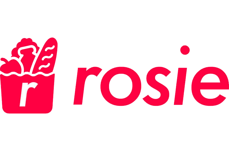 Rosie logo: pink shopping bag with vegetables and lowercase wordmark on white background