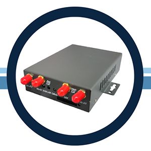 Black metal electronic control box with red knobs and side vents on a white background