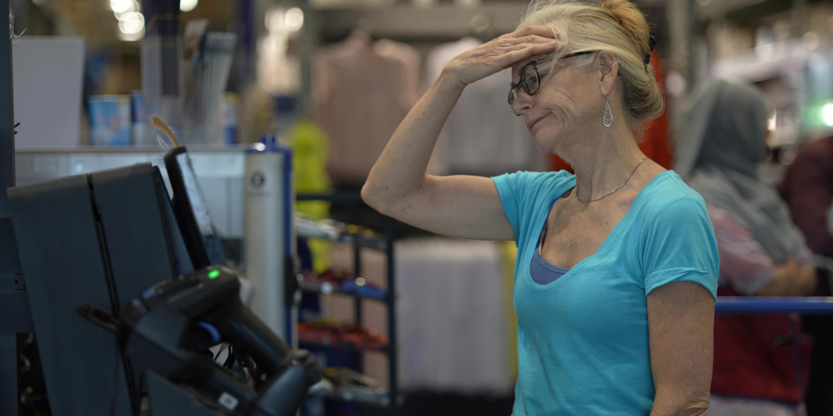 Woman in blue shirt shielding her eyes while looking at a kiosk in a store