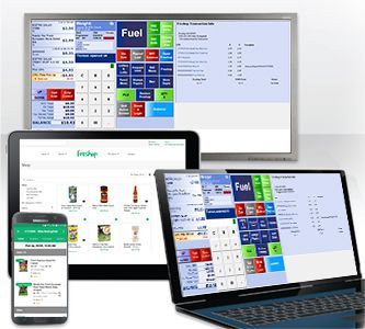 Multi-device retail POS and inventory software shown on desktop, laptop, tablet, and phone screens