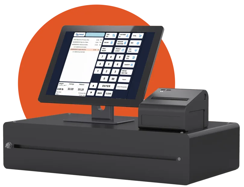 Black touchscreen cash register with receipt printer on a counter, backed by an orange circle.