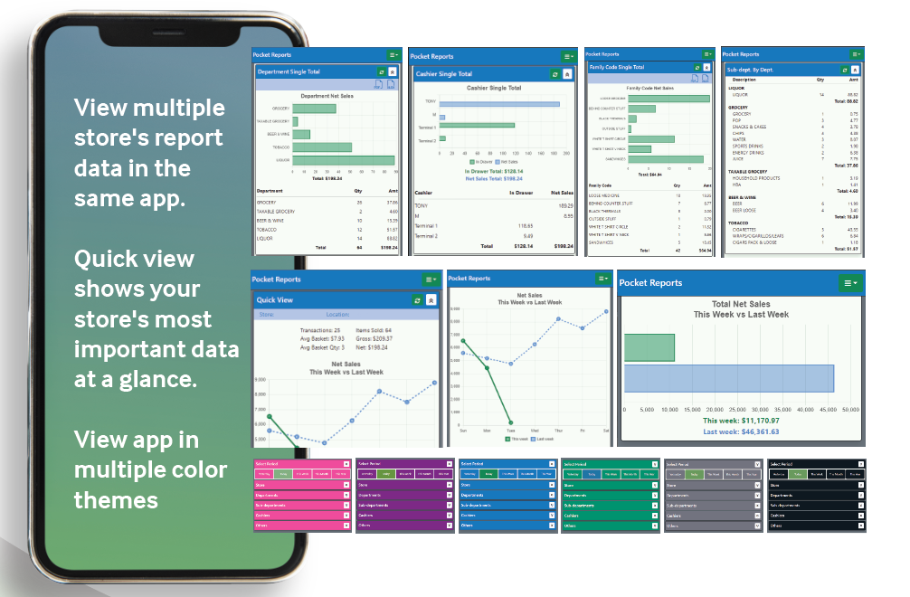 Mobile dashboard app with multiple report screens and color theme options on a phone display