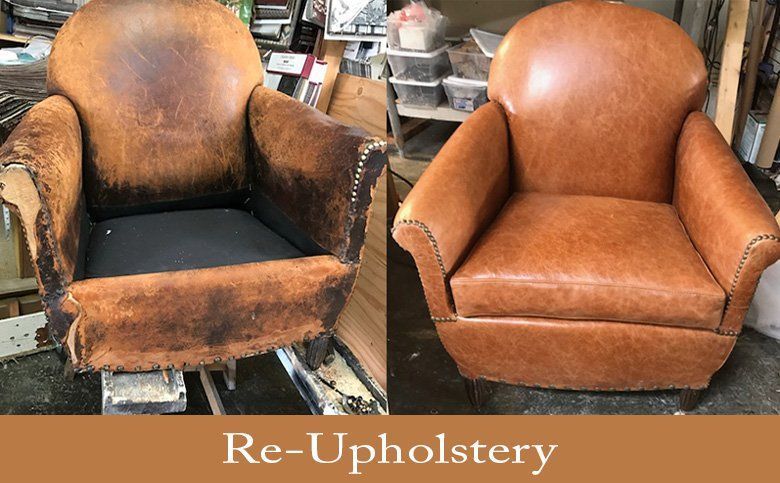 Before and after of a leather armchair: worn and restored. Brown leather, re-upholstered, showing the transformation.