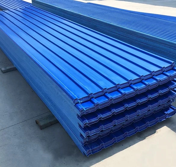 Blue corrugated PVC sheets stacked outdoors.