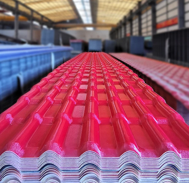 Red glazed roofing sheets stacked indoors.