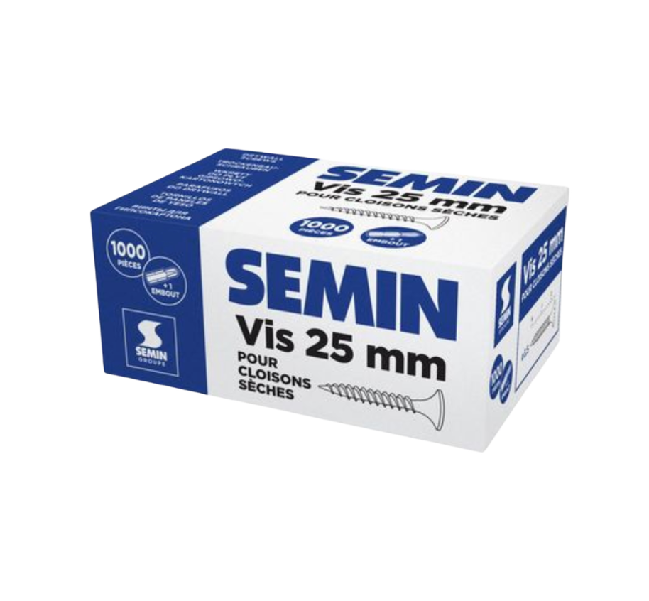 Boîte de vis SEMIN 25 mm, emballage blanc et bleu sur fond blanc