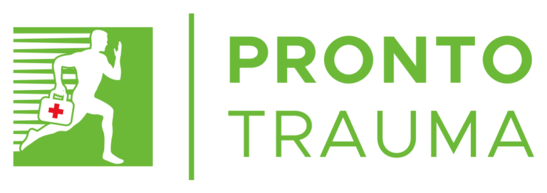 Logo di Pronto Trauma con un corridore verde, una borsa di pronto soccorso bianca e testo verde su sfondo bianco