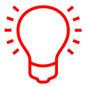 Contour rouge d'une ampoule avec des rayons lumineux, suggérant une idée.