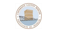 Logo de l'Université Gaston Berger à Saint-Louis, Sénégal : un bâtiment et un pont dans un cadre circulaire marron.