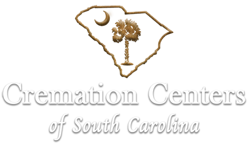 Logo for Cremation Centers of South Carolina featuring a tan map of the state with a palm tree and crescent moon.