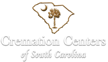 Logo for Cremation Centers of South Carolina featuring a tan map of the state with a palm tree and crescent moon.