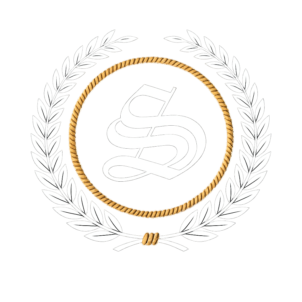 A gold rope-style circle enclosing an ornate, outlined letter 
