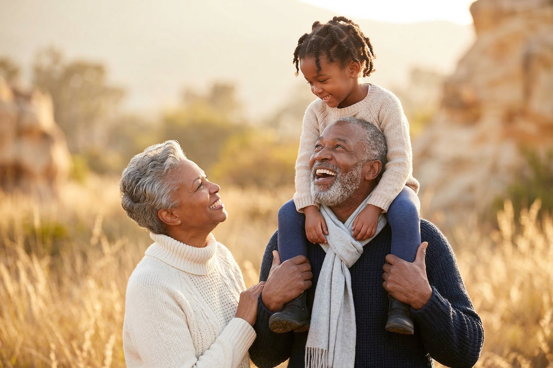 A child sits on a person’s shoulders, laughing with them as a person next to them looks on in a grassy field at sunset.