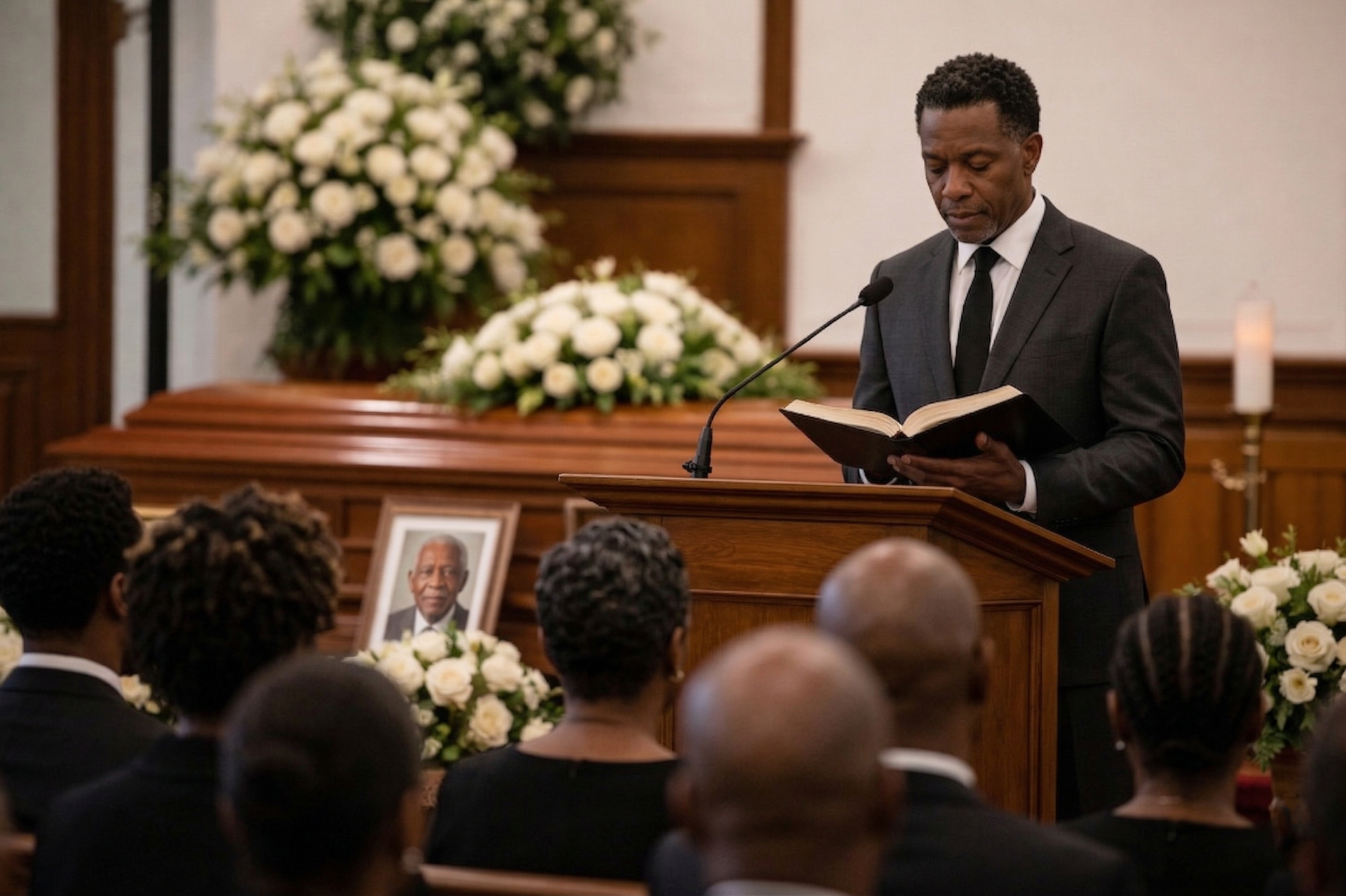 A person in a dark suit speaks at a podium with an open book, presiding over a funeral with white flowers and a portrait.