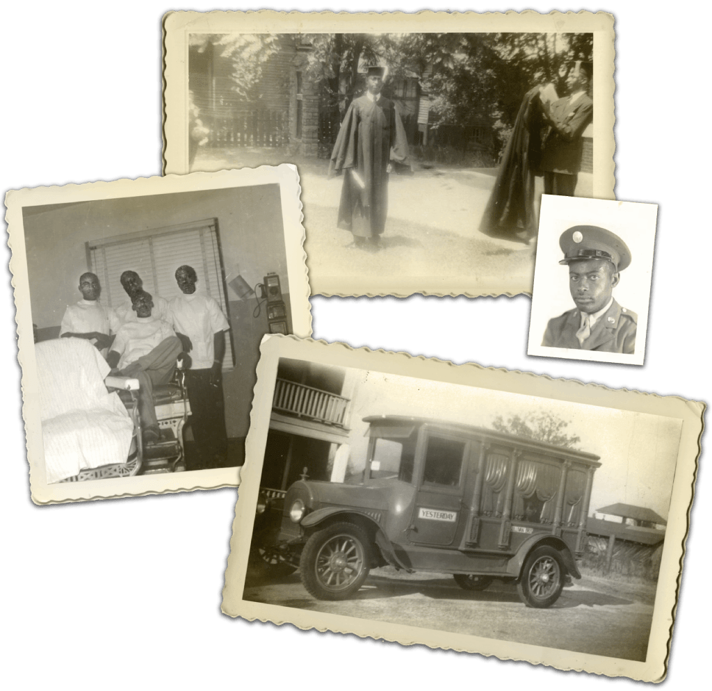 A collage of vintage black-and-white photos featuring people in formal attire, a military portrait, and an antique truck.