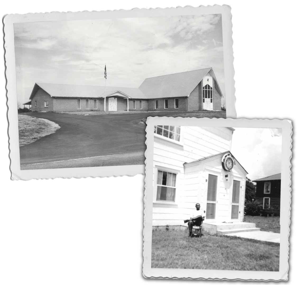 Two vintage photographs showing a modern, single-story brick building and a person sitting in front of a wooden house.