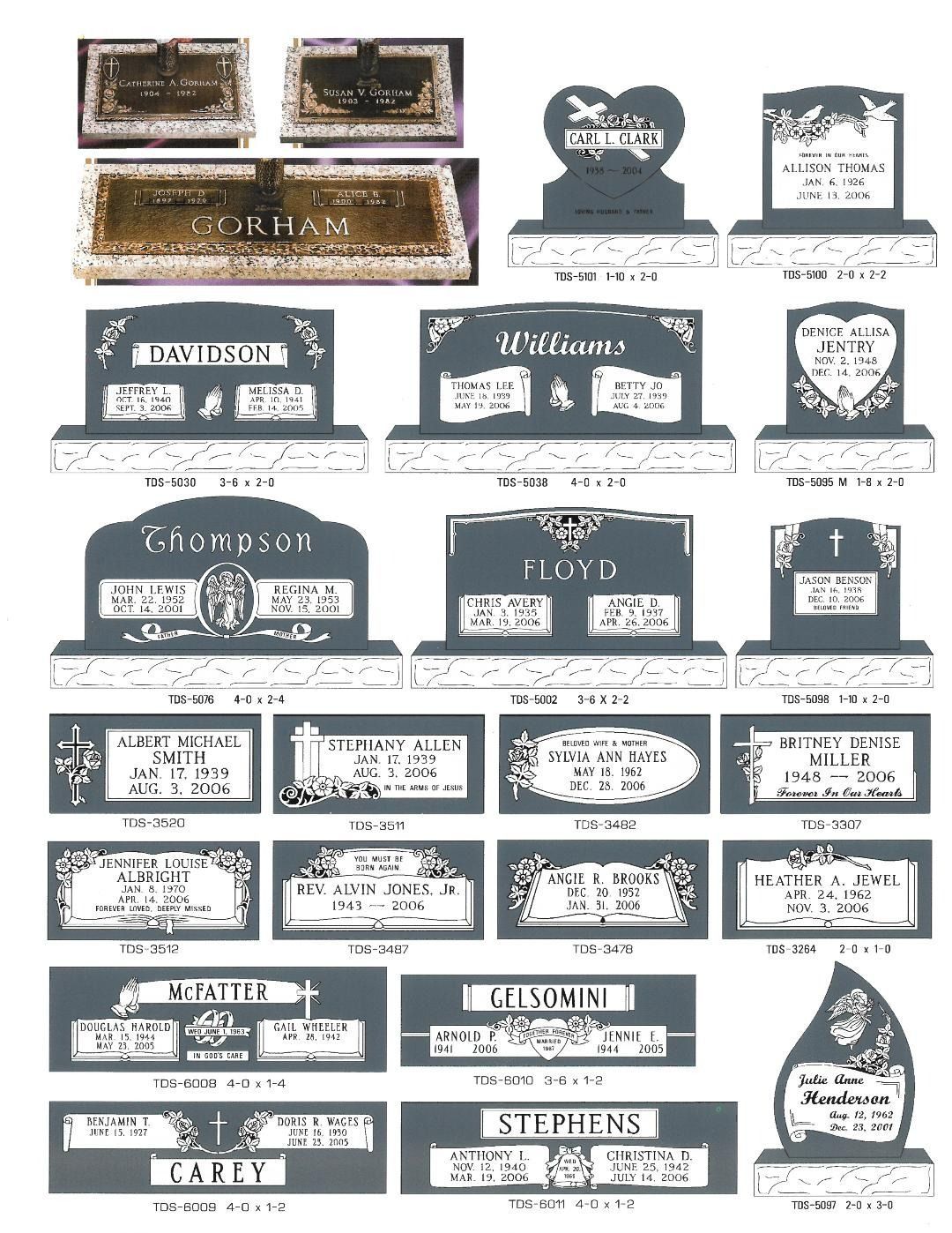A catalog page displaying a variety of headstone and tombstone monument designs in different shapes and styles.