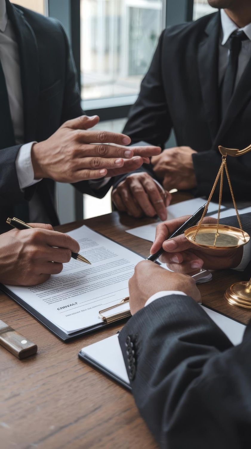 Scales of justice and gavel on a wooden table near closed binders.