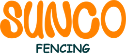 The sunco fencing logo is orange and blue on a white background